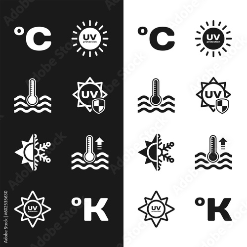 Set UV protection, Water thermometer, Celsius, Sun and snowflake, Kelvin and icon. Vector