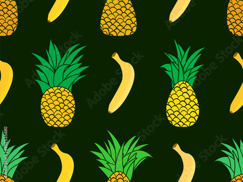 Seamless pattern with pineapples and bananas. Tropical summer background with bananas and pineapples on a dark background. Design for print, banners and promotional items. Vector illustration