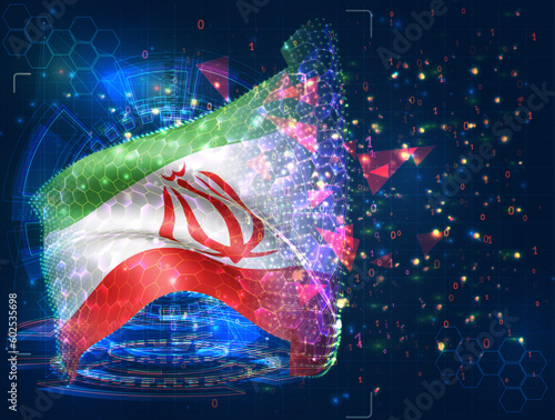 Iran,  vector flag, virtual abstract 3D object from triangular polygons on a blue background