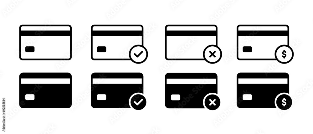Credit cart vector icons set. Outline and black bank cart sign and symbol isolated