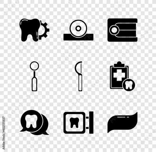 Set Tooth treatment procedure, Otolaryngological head reflector, Dentures model, Dental clinic location, Toothpaste, inspection mirror and floss icon. Vector
