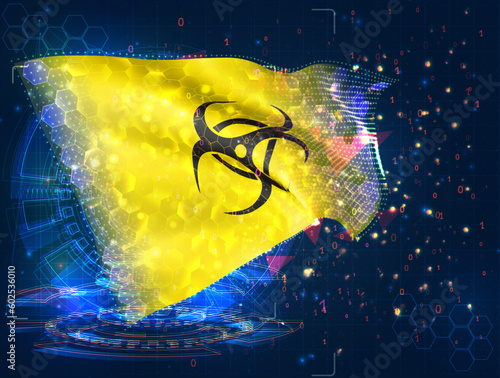 Infection,  vector flag, virtual abstract 3D object from triangular polygons on a blue background