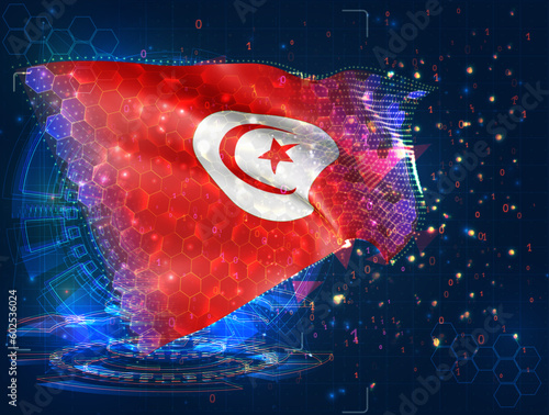 Tunisia,  vector flag, virtual abstract 3D object from triangular polygons on a blue background