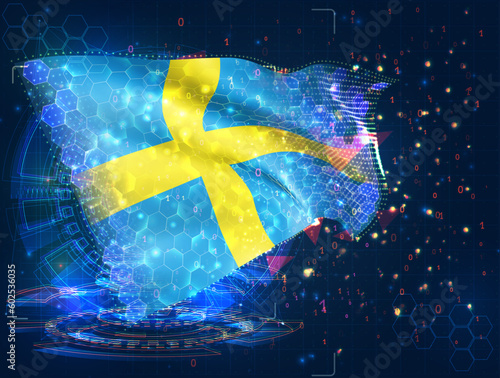 Sweden,  vector flag, virtual abstract 3D object from triangular polygons on a blue background