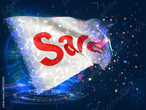 Discount,  vector flag, virtual abstract 3D object from triangular polygons on a blue background