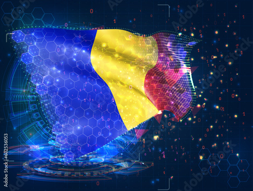 Romania,  vector flag, virtual abstract 3D object from triangular polygons on a blue background