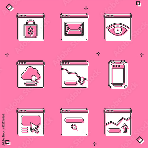 Set Online shopping on screen, Website and mail, Browser incognito window, Cloud technology data transfer, Financial growth decrease, Mobile phone, UI or UX design and Search engine icon. Vector