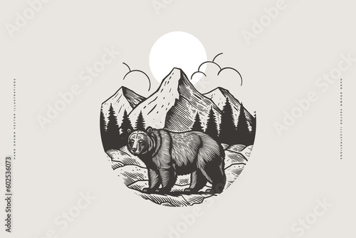 Hand-drawn image of a large brown bear in the background of a landscape. Wild animal in the forest. Vector illustration of wild on a light background for your design.