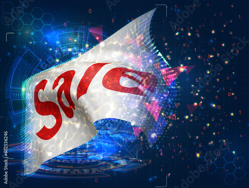 Discount,  vector flag, virtual abstract 3D object from triangular polygons on a blue background