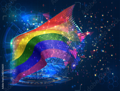 Rainbow,  vector flag, virtual abstract 3D object from triangular polygons on a blue background