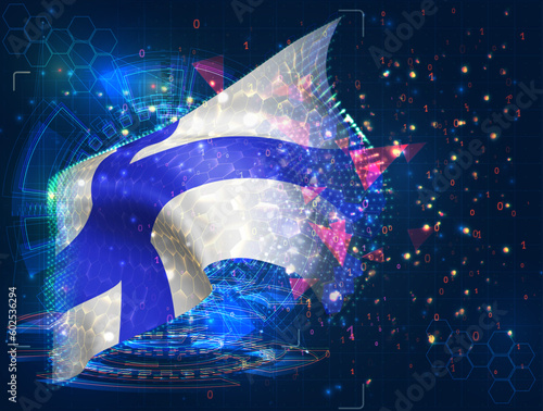 Finland,  vector flag, virtual abstract 3D object from triangular polygons on a blue background