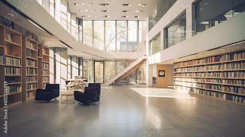 Light minimalistic modern library interior. AI generative