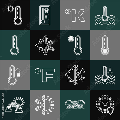Set line UV protection, Water thermometer, Meteorology, Kelvin, Sun and snowflake, and icon. Vector