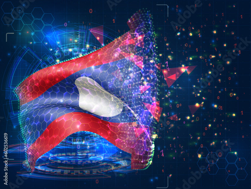 Laos,  vector flag, virtual abstract 3D object from triangular polygons on a blue background