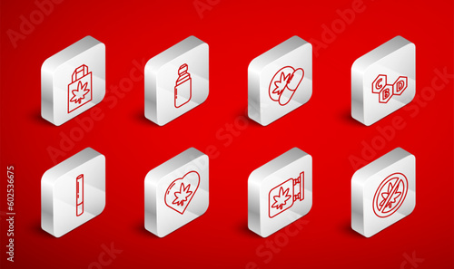 Set line Stop marijuana or cannabis leaf, Marijuana olive oil, Herbal ecstasy tablets, Cannabis molecule, and store, Shopping paper bag of, heart and joint icon. Vector