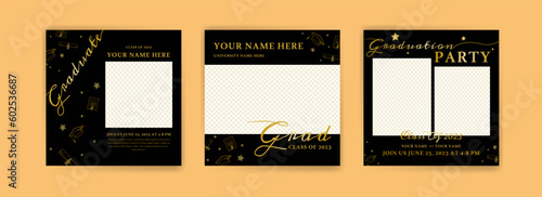 Photo booth props frame for graduation party. Selfie concept. Frame with hats for graduates. Congratulate graduate quotes.