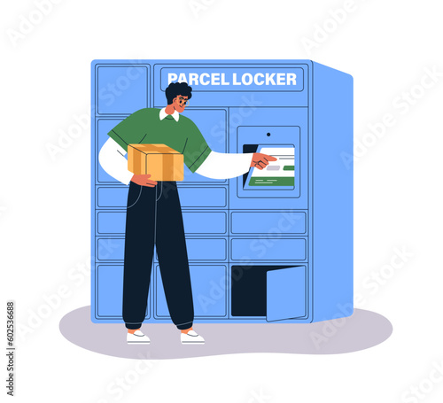 Person picking box at self-service parcel locker, post delivery machine with package storage cabinets and screen. Postal order terminal. Flat graphic vector illustration isolated on white background