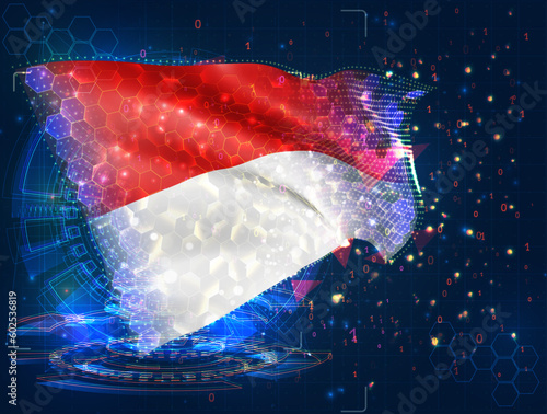 Indonesia, Monaco,  vector flag, virtual abstract 3D object from triangular polygons on a blue background