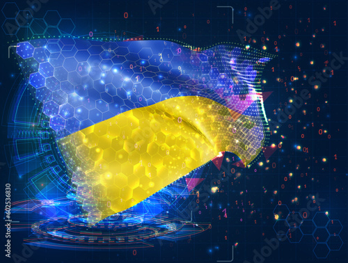 Ukraine,  vector flag, virtual abstract 3D object from triangular polygons on a blue background