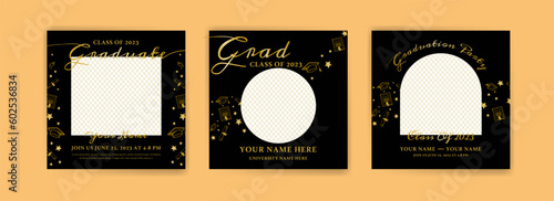 Photo booth props frame for graduation party. Selfie concept. Frame with hats for graduates. Congratulate graduate quotes.