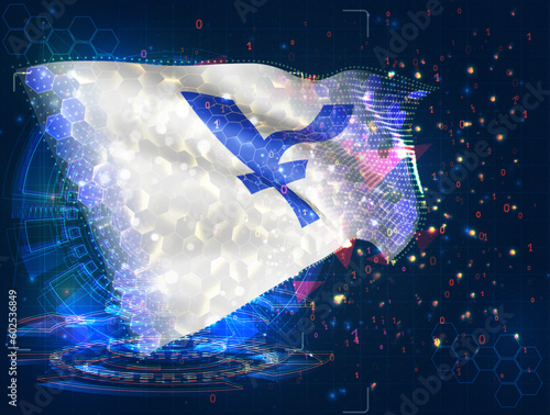 Yen,  vector flag, virtual abstract 3D object from triangular polygons on a blue background