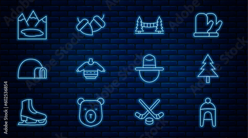 Set line Winter hat, Christmas tree, Capilano Suspension Bridge, sweater, Igloo ice house, Canadian lake, ranger and Acorn icon. Vector