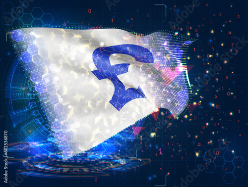 Pound,  vector flag, virtual abstract 3D object from triangular polygons on a blue background