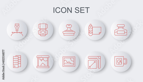 Set line Coffee cup, Pantone, Stamp, Paper size, Fountain pen nib, Carton cardboard box, 3D printer and Picture landscape icon. Vector