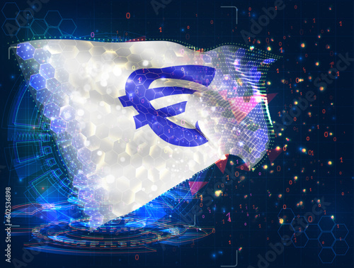 Euro,  vector flag, virtual abstract 3D object from triangular polygons on a blue background