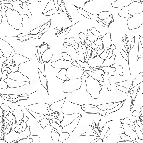 Vector flower linear seamless background, tupils and leaves. One, continuous line pattern, hand drawn style. Monoline doodle.