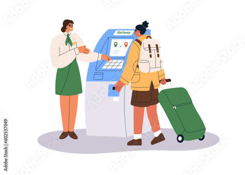 Passenger at self-service kiosk for buying electronic train tickets at railway, railroad transport station. Tourist at digital terminal. Flat graphic vector illustration isolated on white background