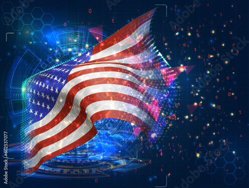 USA, America,  vector flag, virtual abstract 3D object from triangular polygons on a blue background