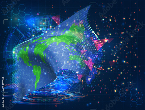 World map,  vector flag, virtual abstract 3D object from triangular polygons on a blue background