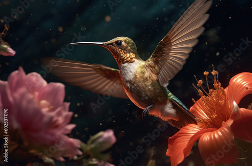 hummingbird flying away from a flower, in the style of filip hodas, grandeur of scale, foreshortening techniques,