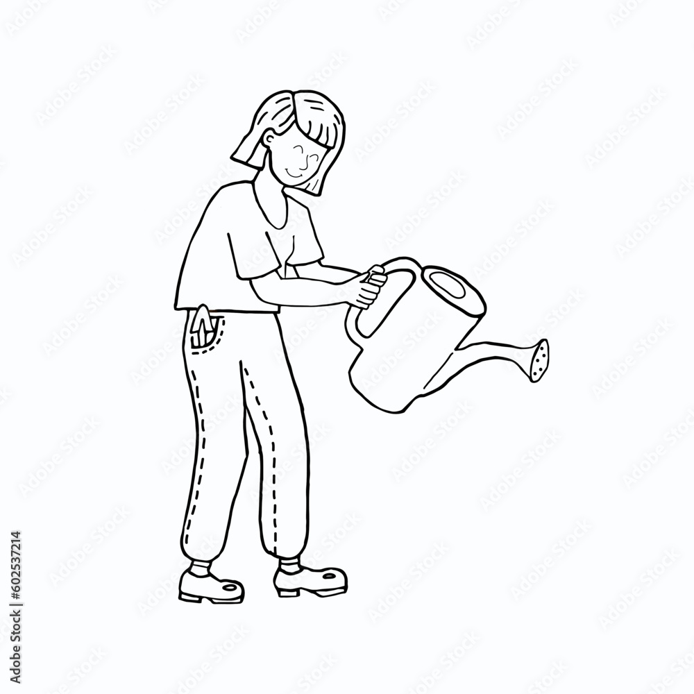 A woman with a watering can waters flowers. Illustration in doodle style. Girl takes care of plants A woman with a watering can waters flowers. Illustration in doodle style. Girl takes care of plants