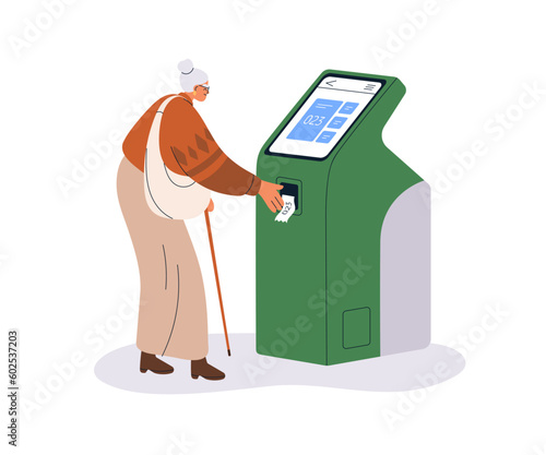 Visitor taking ticket with number at electronic queue machine with digital screen. Senior old woman at self-service kiosk, terminal. Flat graphic vector illustration isolated on white background