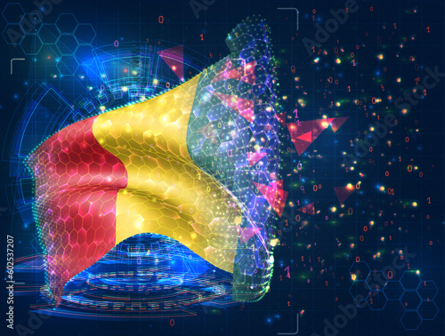 Guinea,  vector flag, virtual abstract 3D object from triangular polygons on a blue background