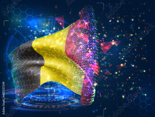 Belgium,  vector flag, virtual abstract 3D object from triangular polygons on a blue background