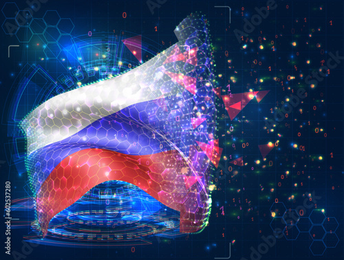Russia,  vector flag, virtual abstract 3D object from triangular polygons on a blue background