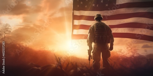 The silhouette of a soldier on the flag of the United States at sunset for Veterans Day is the official US public holiday background, copy space. Generative AI