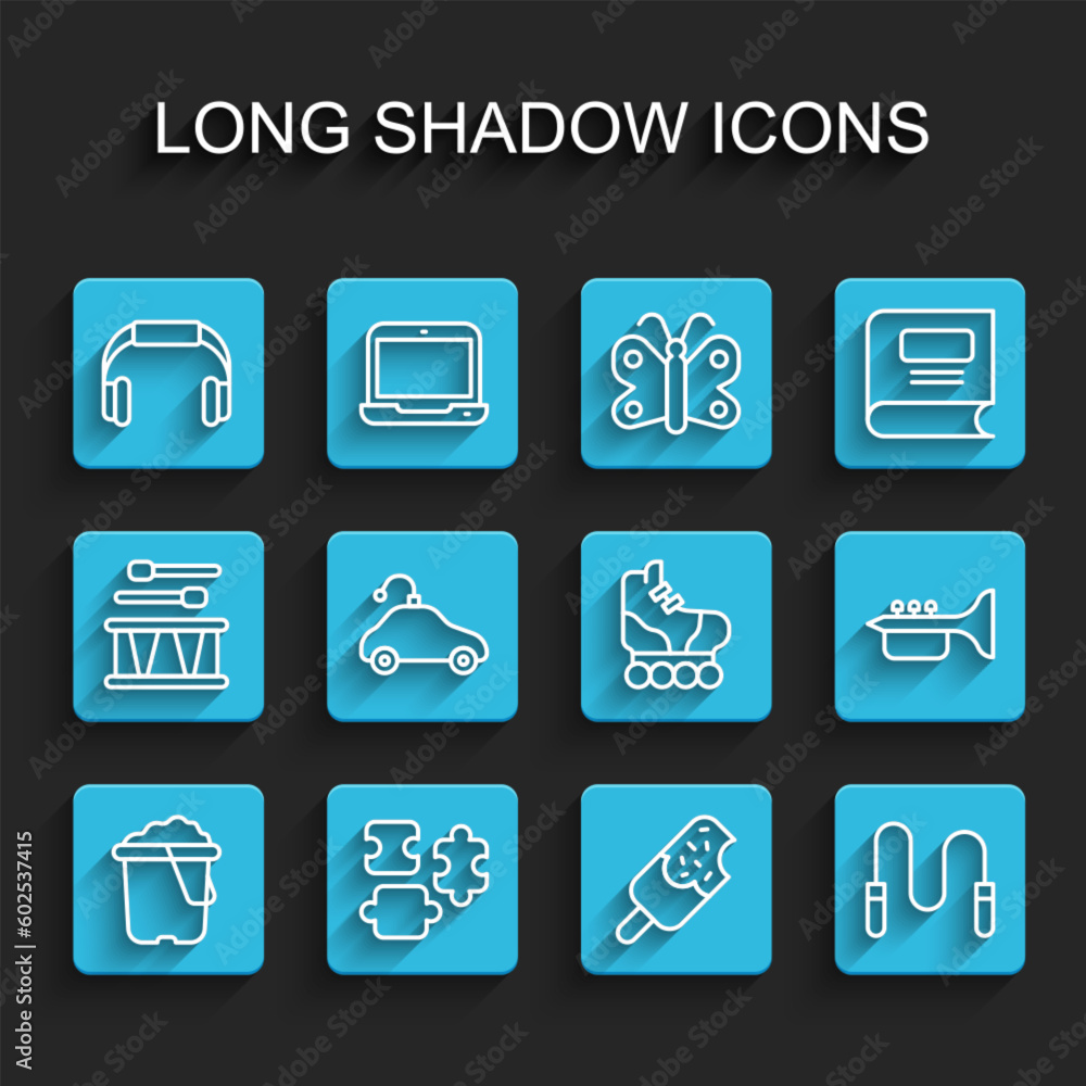 Set line Sand in bucket, Puzzle pieces toy, Headphones, Ice cream, Jump rope, Radio controlled car, Trumpet and Roller skate icon. Vector Set line Sand in bucket, Puzzle pieces toy, Headphones, Ice cream, Jump rope, Radio controlled car, Trumpet and Roller skate icon. Vector