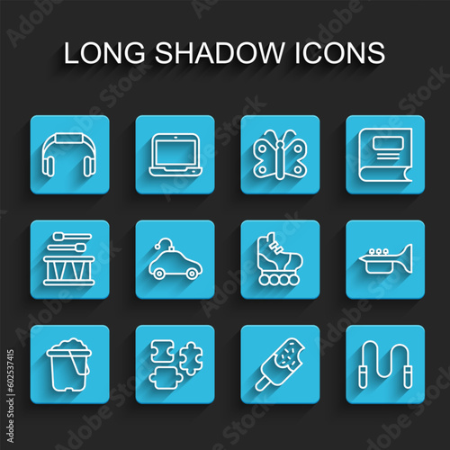 Set line Sand in bucket, Puzzle pieces toy, Headphones, Ice cream, Jump rope, Radio controlled car, Trumpet and Roller skate icon. Vector