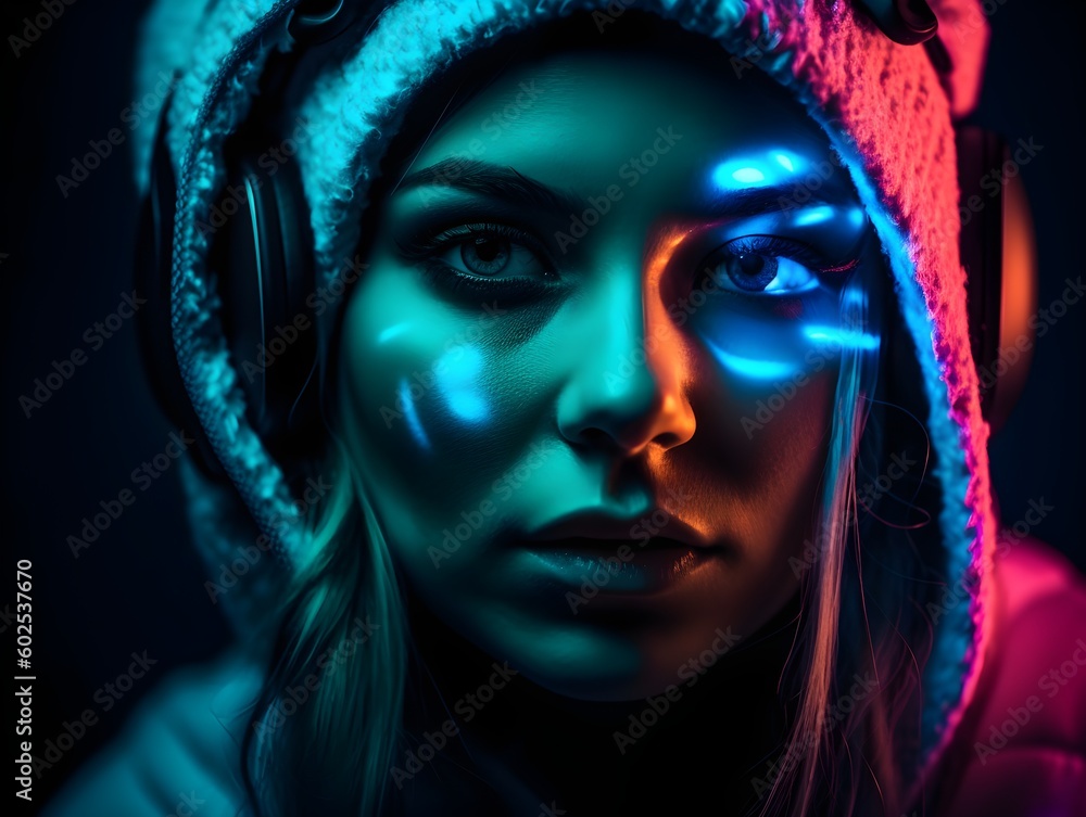 Neon Beats: Close-Up DJ Girl Portrait Neon Beats: Close-Up DJ Girl Portrait