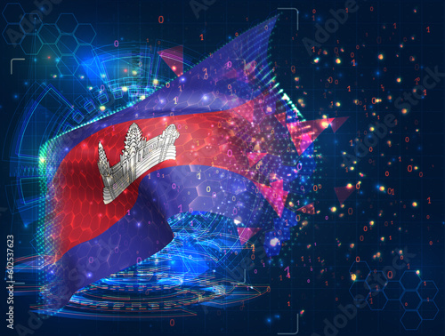 Cambodia,  vector flag, virtual abstract 3D object from triangular polygons on a blue background