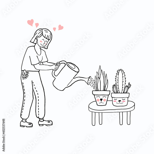A woman with a watering can waters flowers. Illustration in doodle style. Girl takes care of plants