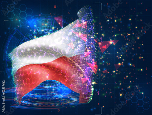 Poland,  vector flag, virtual abstract 3D object from triangular polygons on a blue background