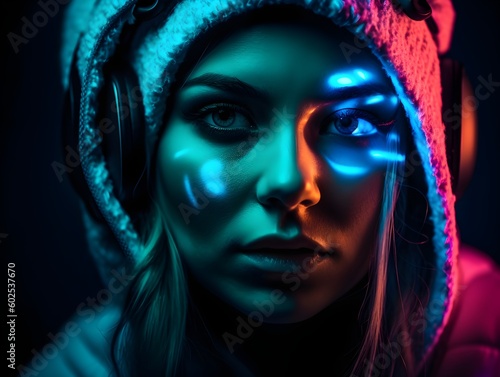 Neon Beats: Close-Up DJ Girl Portrait