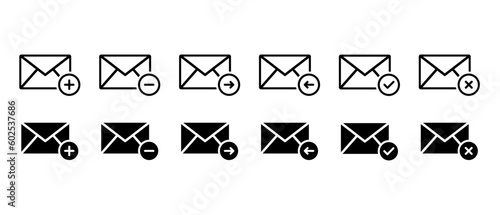 Email vector icons set. Sending message, black and white line symbol