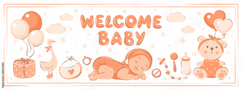 Welcome baby. Toys, balloons and child care items. Vector illustration Welcome baby. Toys, balloons and child care items. Vector illustration