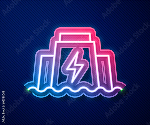 Glowing neon line Hydroelectric dam icon isolated on blue background. Water energy plant. Hydropower. Hydroelectricity. Vector